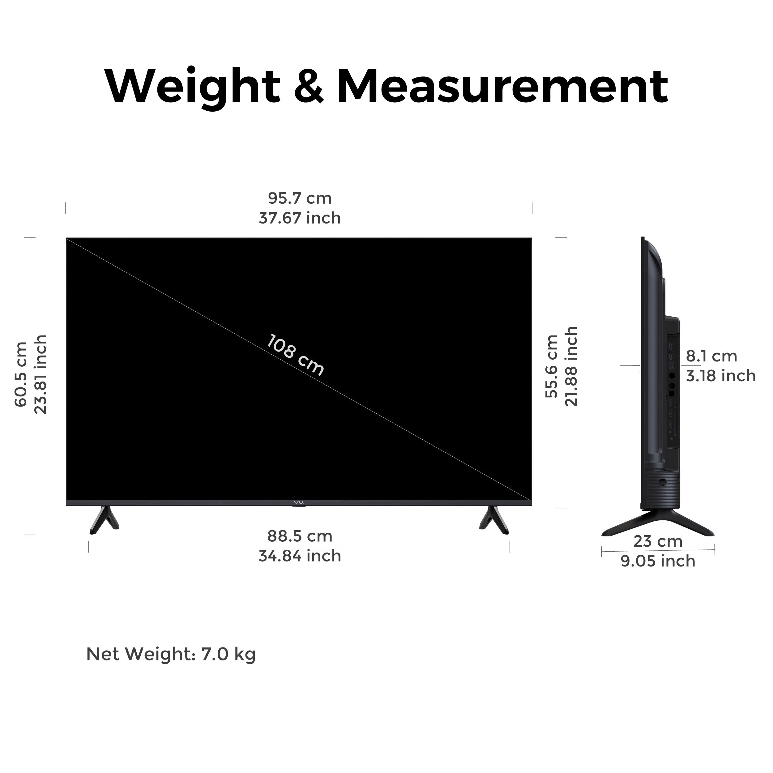 Dimensions and weight specifications of Vu Glo DV TV 43 inch model